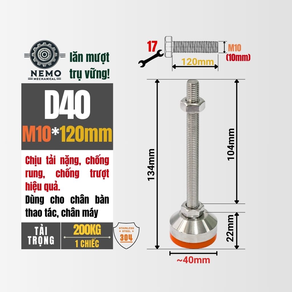 Chân Tăng Chỉnh Inox 304 Ren M10 – Chống Gỉ Tuyệt Đối, Đế Bát Dày Chịu Tải Nặng
